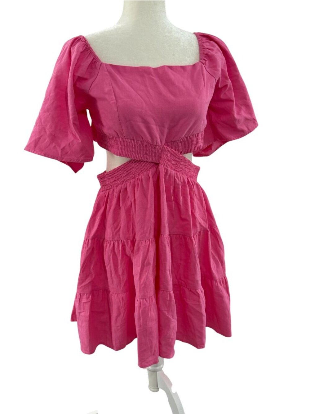 Senllen Pink Cotton Puff Sleeve Cutout Mini Dress L